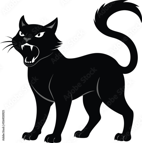 Angry hissing black cat with arched back and bared fangs. Stylized vector illustration for Halloween, superstition, or as a fierce mascot. Scary animal graphic isolated on a white background.