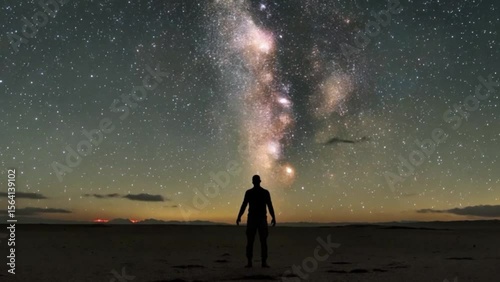A beautiful, starlit night scene. A lone figure silhouetted against a vibrant, starry sky. Vast, dark landscape stretches out, creating a sense of mystery and tranquility. Wide shot, slow zoom towards