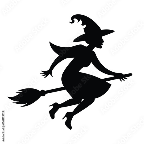 Flying Witch Silhouette on Broomstick – Halloween Vector Clipart