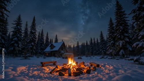 Bonfire Under the Starry Winter Night Sky. 4k video