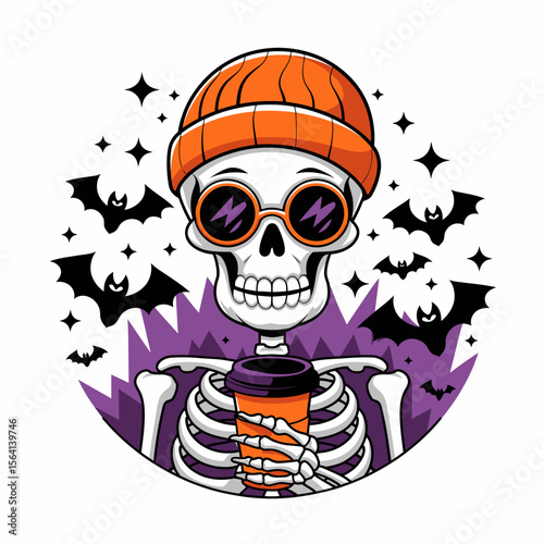 A skeleton wearing a bright orange beanie and sunglasses holds a matching orange cup, surrounded by flying bats and twinkling stars.