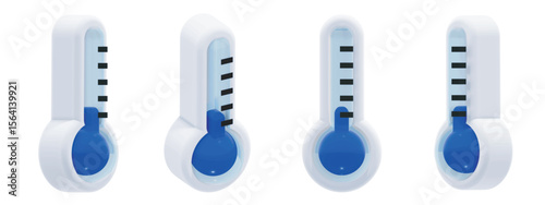 3d vector thermometer weather icon, global cold temperature in blue. Includes four different angles. Glossy modern look, ideal for weather apps, forecasts, infographics and digital interfaces.