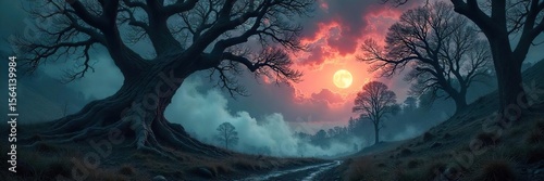 Gnarled Trees Claw at a Stormy Sky in a Dark, Brooding Fantasy Forest.  Ancient woodland, intertwined branches, ominous shadows, skeletal fingers, rage-filled atmosphere.
