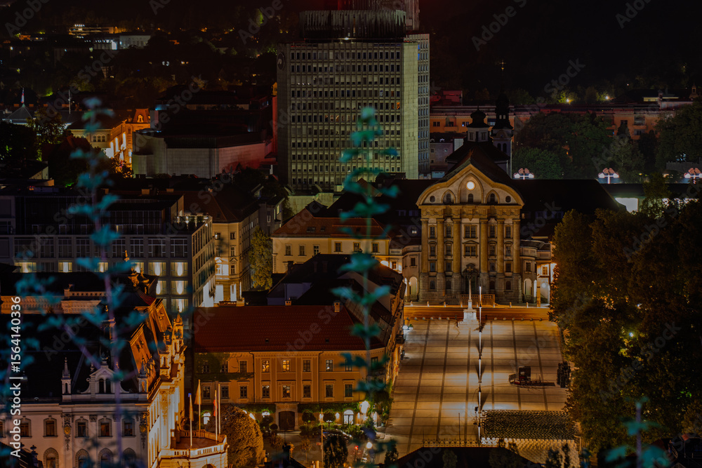 Obraz premium Ljubljana cityscape at night with skyline, streets and historic buildings
