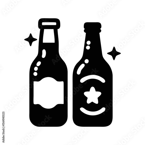 Three bottles of beverage with one popping its cap, a graphic symbol