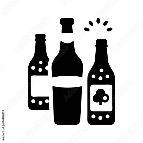 Three bottles of beverage with one popping its cap, a graphic symbol