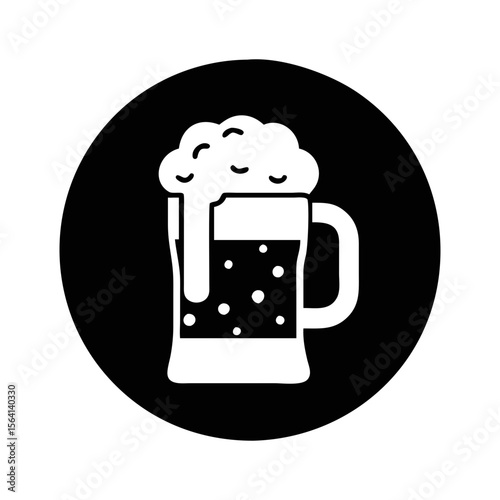 Monochrome Beer Mug with Foam Overflowing, Vector Style on Black Circle