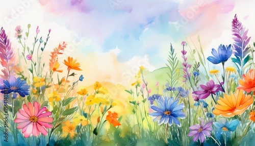 vibrant hand painted watercolor meadow herbs and flowers in full bloom