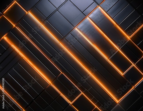 futuristic dark wall with glowing orange led lines and modern tiles