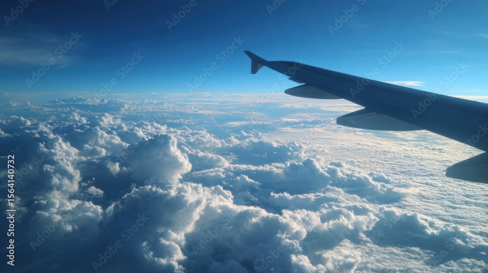 Obraz premium The silhouette of an airplane wing extends into the frame against a vast blue sky the fluffy cloud layers below creating a blanket of white evoking a sense of freedom and the endles