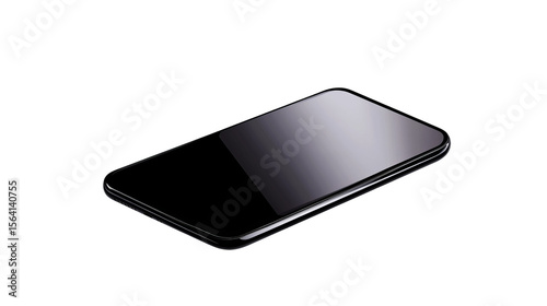 Smartphone is lying flat, reflecting light on its smooth dark glass surface, against a dim background.