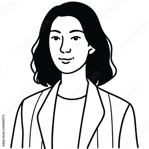 Black and white portrait of a woman with wavy hair illustration line art