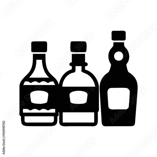 Three stylized black liquor bottles in a row, ready for a party