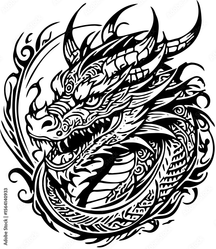 Fototapeta premium dragon tattoo black and white vector design, sticker decal
