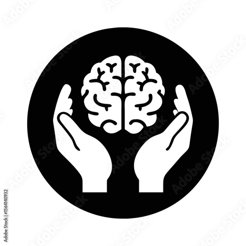 Hands cradling a brain in a black circle, representing mental health