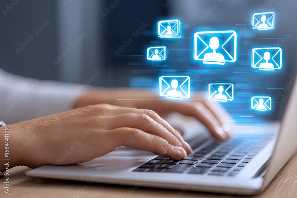 Obraz premium Person's hands typing on a laptop with glowing email icons floating above, suggesting digital communication and online messaging
