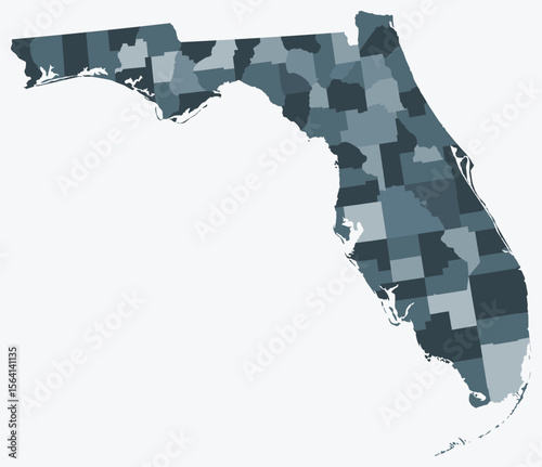 Map of Florida with counties. Just a simple state border map with county division. Blue grey color palette. Plain State of Florida shape with administrative division. Vector illustration.