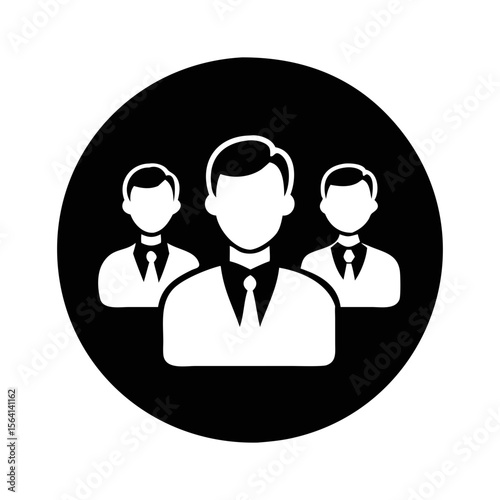 A group of three business people shown as an icon in a black circle