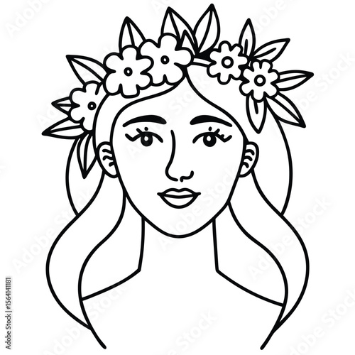 Woman with Flower Crown and Flowing Hair female portrait