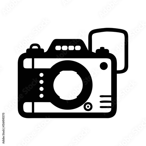 Simple vintage camera vector icon featuring a flash attachment on white
