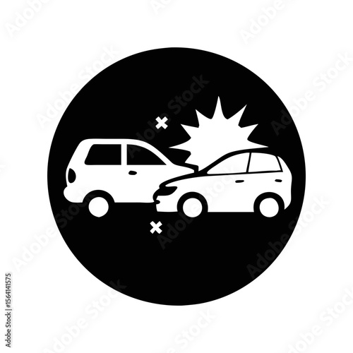 Black and white vector icon depicts a car accident scene within circle