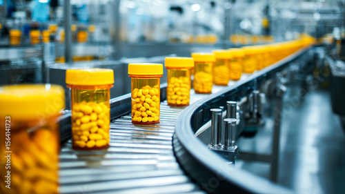 Yellow Medicine Bottles Progressing on Conveyor in Modern Pharma Factory Depicting Mass Production and Automation