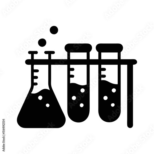 Science laboratory glassware including flask and test tubes with bubbling liquid
