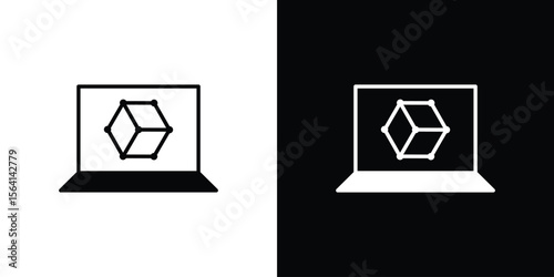 Computer simulation icon simple flat graphic illustrations. Black and white silhouette vector
