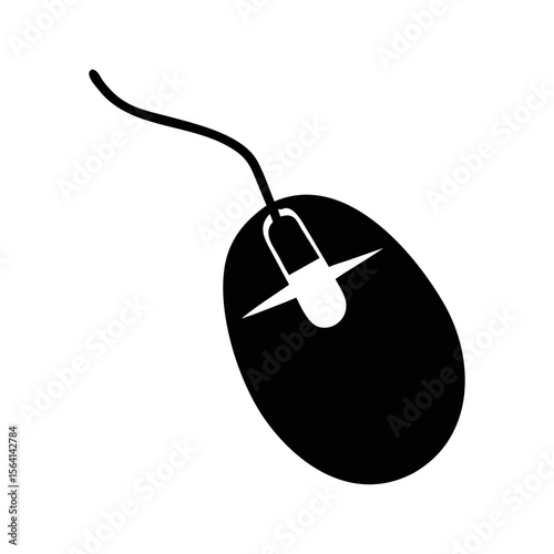 Black and white minimalist icon of a wired computer mouse device