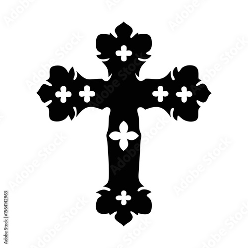 Ornate black and white Christian cross with floral and religious accents