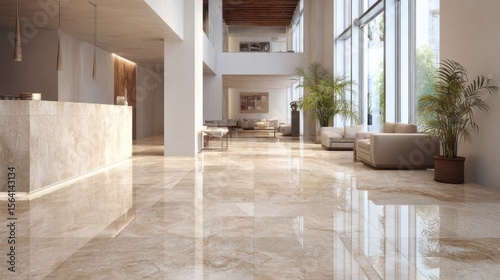 A side angle perspective of a single polished floor tile embedded within a seamless modern interior setting where the smooth texture harmonizes with surrounding minimalist decor accentuatin