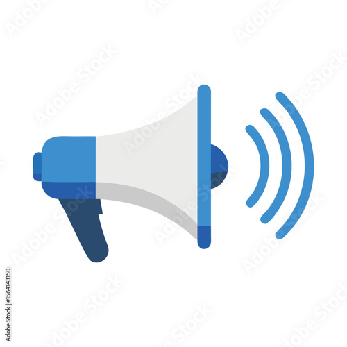 Blue white megaphone broadcasting sound waves announcement