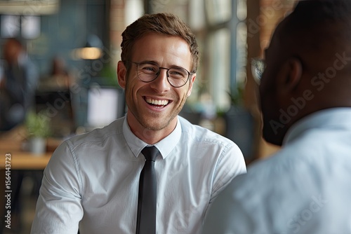 Two smiling businessmen in an office, one laughing heartily, engaged in conversation, showing collaboration and positive work environment