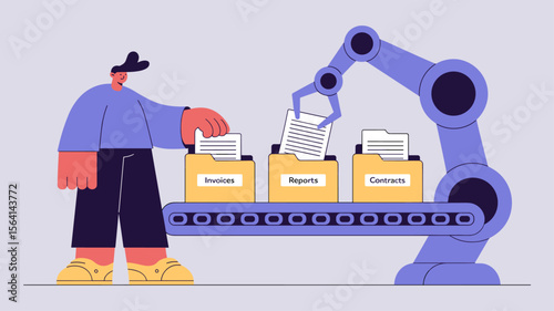 office worker supervising a robotic arm sorting documents, vector illustration for automated document sorting, robotic process automation and efficient workflow