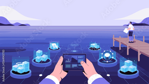 data architect's hands using tablet to manage a data lake, vector illustration for big data infrastructure, data warehousing and cloud storage analysis