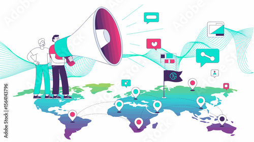 marketing team with megaphone shouting over world map, vector illustration for brand awareness, global reach expansion and digital promotion