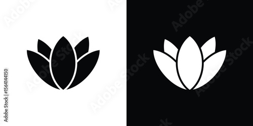 Lotus flower icon simple flat graphic illustrations. Black and white silhouette vector