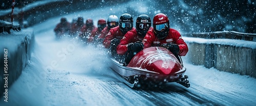 Bobsled Team Races Down Icy Track in Snowy Conditions, Red Suits, Helmets