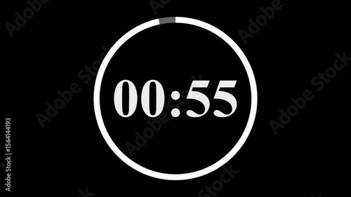 Circle countdown timer alpha channel animation, representing a 60 second timer counting down to zero with clear digital display for time tracking.