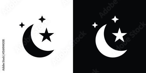 Moon and star icon simple flat graphic illustrations. Black and white silhouette vector