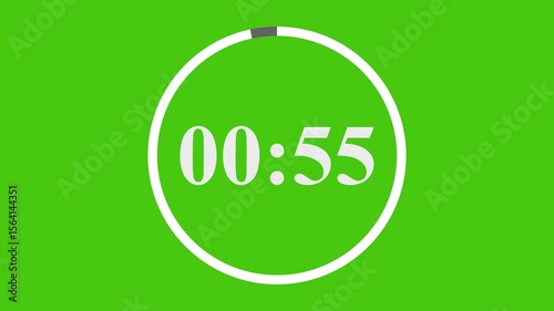 One minute timer countdown green screen from 60 to 0 seconds on a digital clock, symbolizing time measurement and alarm in stopwatch format.