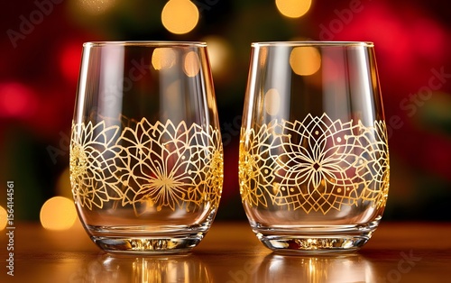 Elegant Gold Floral Pattern Stemless Wine Glasses Festive Holiday Decor