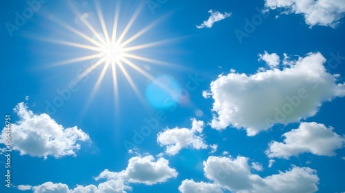 Bright Sunny Day Blue Sky with Fluffy White Clouds