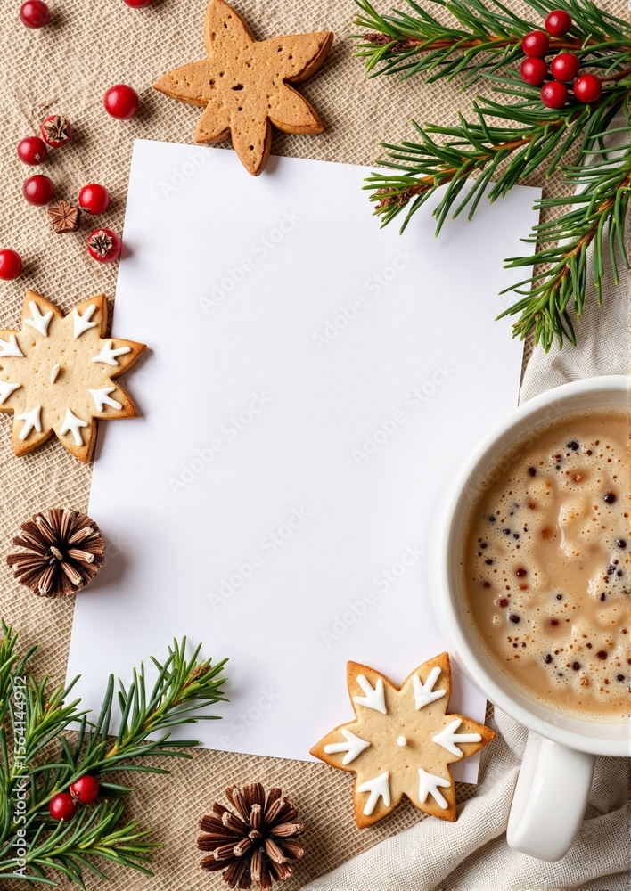Fototapeta premium Winter background A4. Cozy winter coffee setup with cookies and festive decorations 