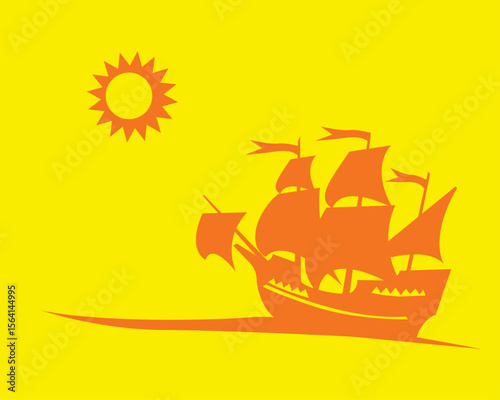 Silhouette of an old sailing ship on a yellow background. Vector image for prints, poster and illustrations.