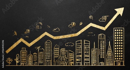 Gold upward trend line graphed over a cityscape sketch on a dark background, illustrating growth and prosperity