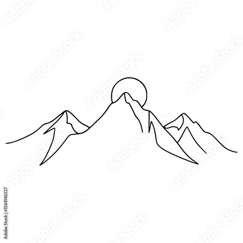 Minimalist Line Art Mountain Landscape with Sun and Water Reflection