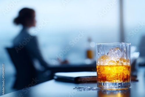 The whiskey is being drunk by an overworked businesswoman after she has finished her work for the day