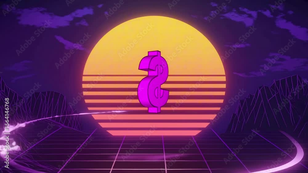 A neon orange sun sets behind a purple synth grid horizon, with a glowing pink $ sign hovering mid-frame, slowly rotating, retro wave loop