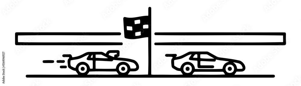 Drag racing icon featuring cars crossing finish line, minimalist design